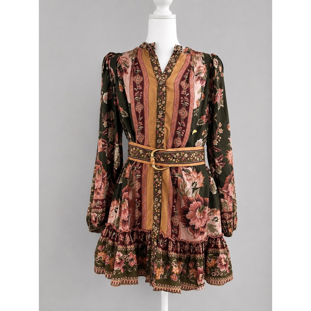 Farm Rio Floral Ruffle Mini Dress Belted Long Sleeve Green Terracotta Small